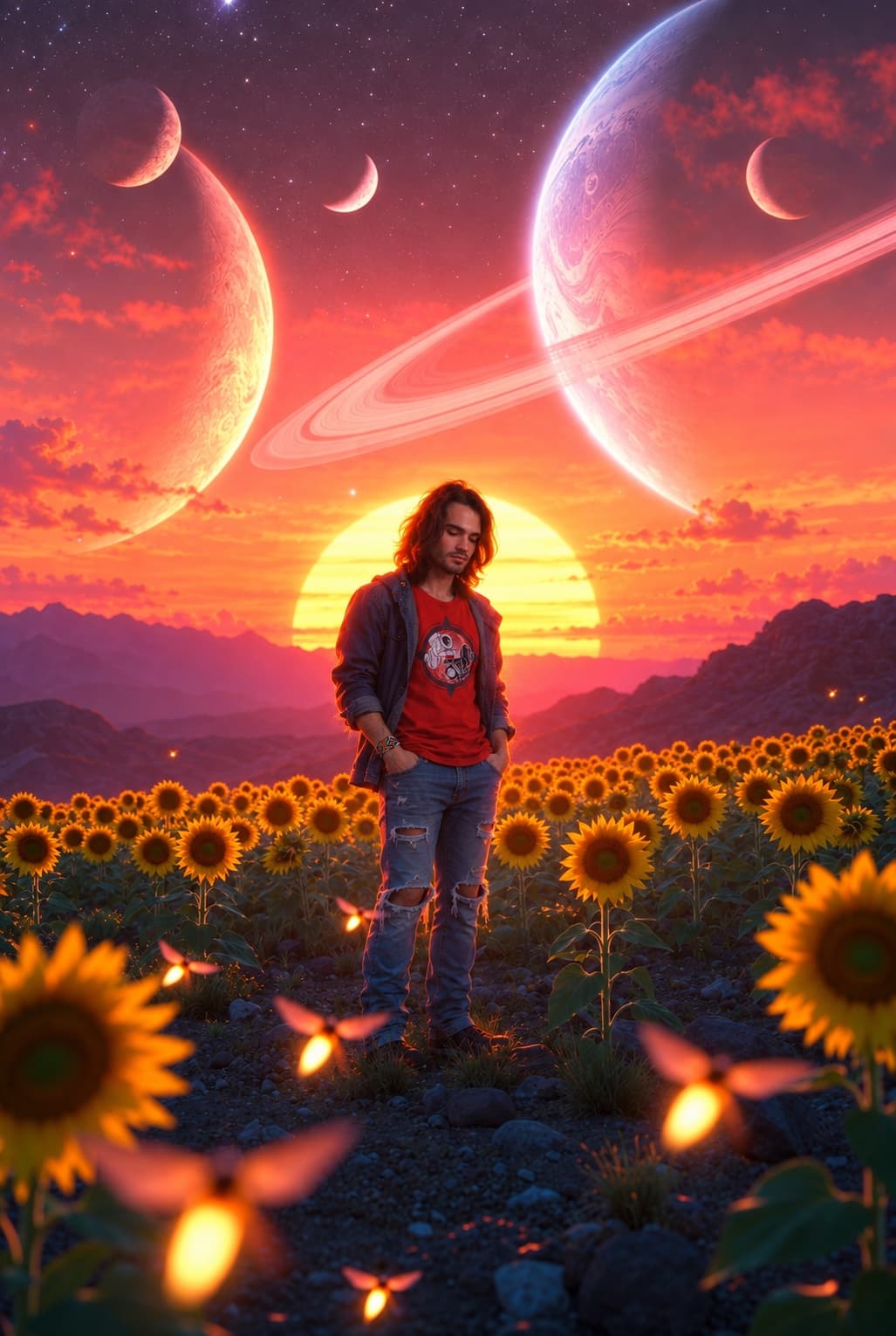 Daniel in his astronaut T-shirt among sunflowers and golden fireflies, a sunset and planets behind him